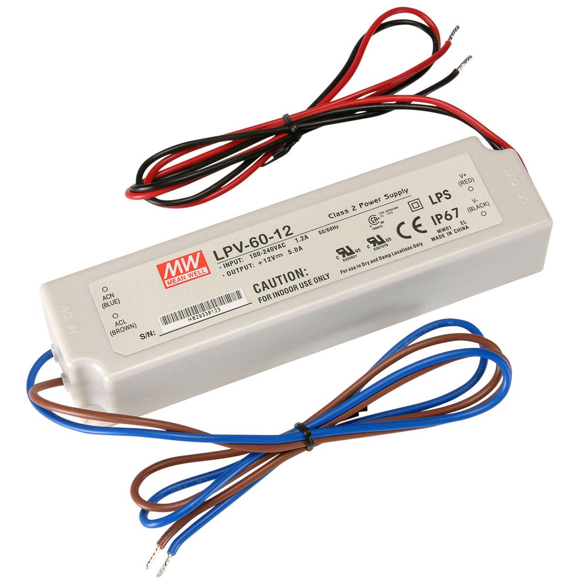 Mean Well MW LPV-60-12 12V 5A Water Resistant Power Supply AC Adapter IP67 Wire Leads
